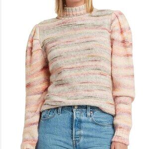 H BY HALSTON  Peach/Pink Puff Sleeve Striped Wool Blend Mock Neck Sweater Sz M